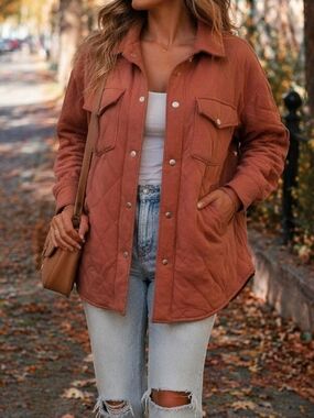 Heimish Quilted Cotton Blend Shacket Jacket Rust Oversized Snap Button Utility